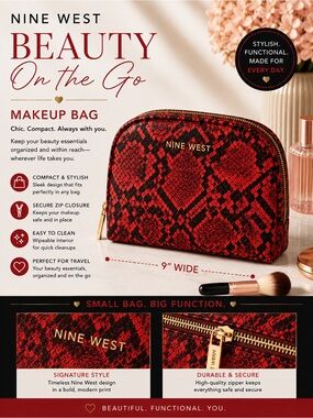 Nine West Red and Black Snake-Print Makeup Pouch with Gold Trim